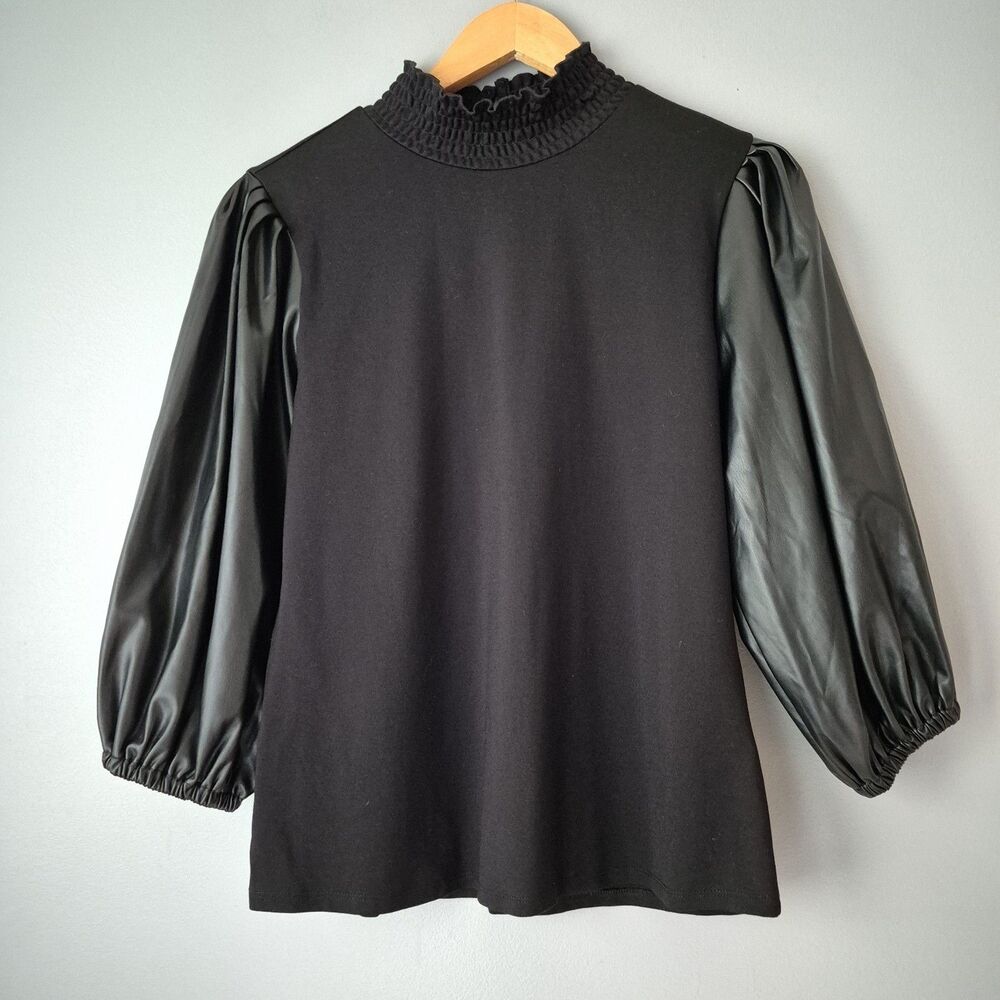 Venus Black Mock Neck 3/4 Faux Leather Puff Sleeves Top Blouse Womens Large